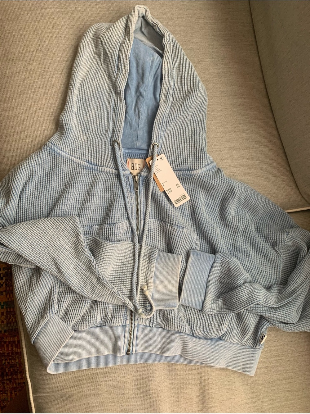 BDG Pale Blue Waffle-Knit Zip Hoodie with Drawstring